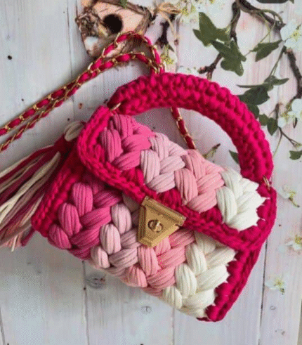 Pink Tones and White Braided Handmade Purse