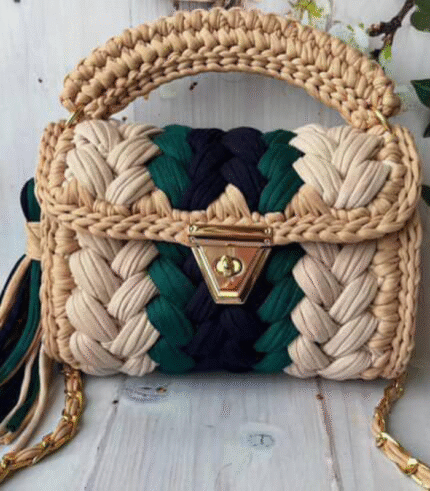 Beige, Green, and Navy Braided Handmade Purse