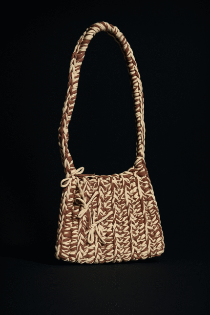 Brown and yellow crochet baguette shoulder bag