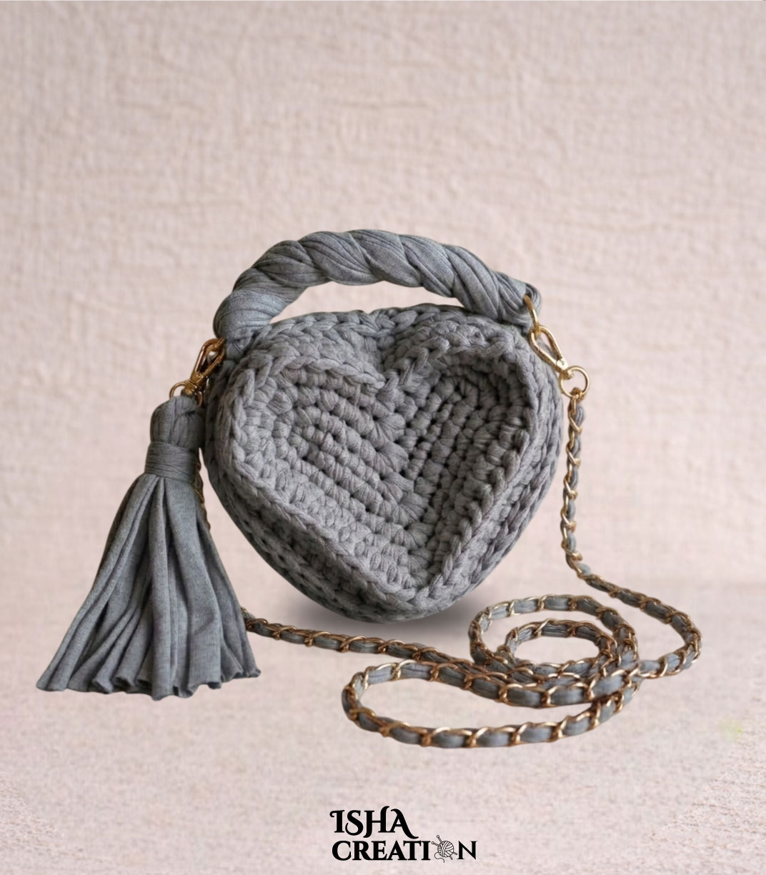 Heart Charm Crochet Handbag – Gray Heart Charm Crochet Handbag – Gray - Image 1