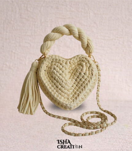 Heart Charm Crochet Handbag – Lemon Cream