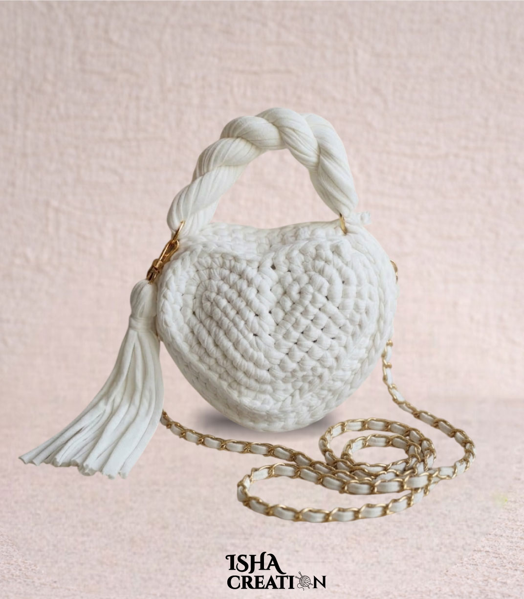 Heart Charm Crochet Handbag – off white_ Heart Charm Crochet Handbag – Off White - Image 1