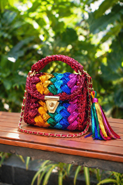 Red Multicolour Metallic Crochet Bag