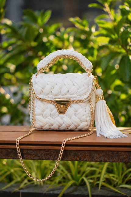 White Golden Crochet Bag