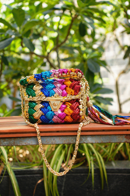 Gold Multicolour Metallic Crochet Bag