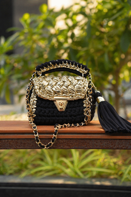 Golden Black Metallic Crochet Bag
