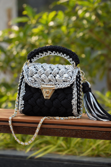 Silver Black Metallic Crochet Bag