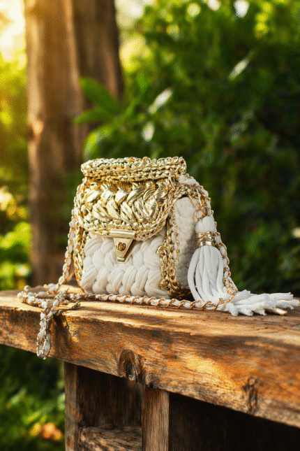 Golden White Metallic Crochet Bag