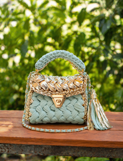 Sage Green & Golden Metallic Crochet Bag