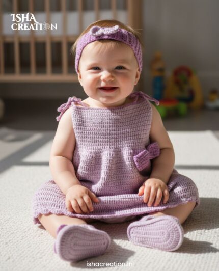 Crochet Baby Dress Set with Headband & Booties (Lavender Pink)