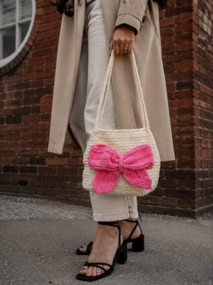 White & Pink Bow Belle Crochet Bag