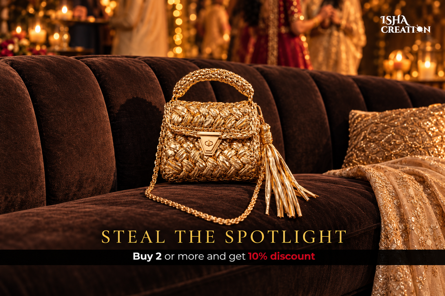Golden Handbag on Velvet Sofa