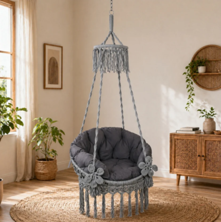 Metal Gray Macrame Hanging Swing Chair